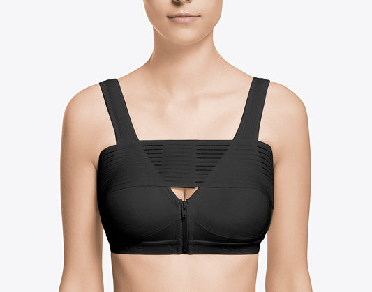 Brasier de compresión médica postquirúrgica negro con cierre frontal y diseño ergonómico